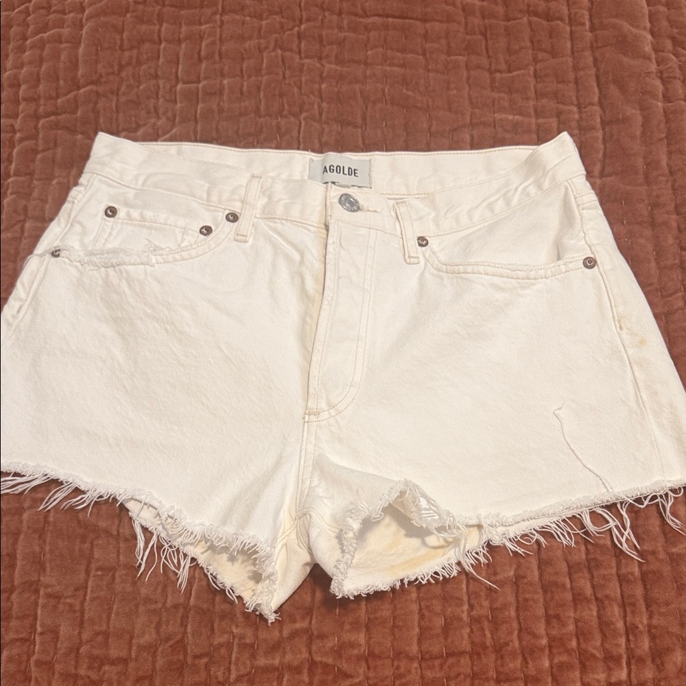 Agolde Cream White Frayed Denim Shorts